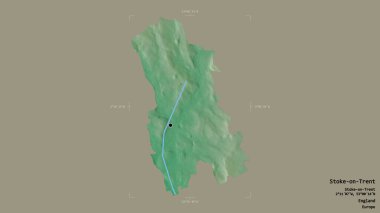 Stoke-on-Trent bölgesi, İngiltere 'nin üniter otoritesi, sağlam bir arka planda izole edilmiş bir sınır kutusunda. Etiketler. Topografik yardım haritası. 3B görüntüleme