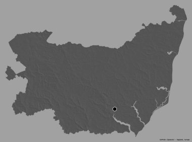 Suffolk 'un şekli, İngiltere' nin idari ilçesi, başkenti katı renk arka planında izole edilmiş. Çift seviyeli yükseklik haritası. 3B görüntüleme