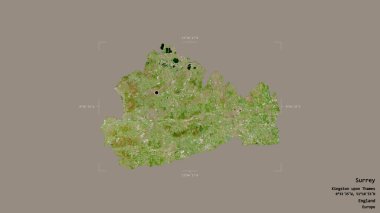 Surrey bölgesi, İngiltere 'nin idari bölgesi, sağlam bir arka planda izole edilmiş bir sınır kutusunda. Etiketler. Uydu görüntüleri. 3B görüntüleme