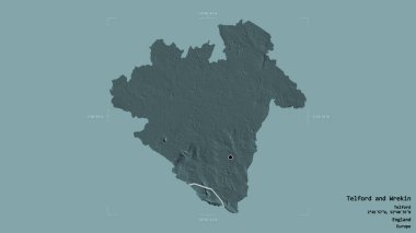 Telford ve Wrekin 'in bölgesi, İngiltere' nin üniter otoritesi, sağlam bir arka planda izole edilmiş bir sınır kutusunda. Etiketler. Renkli yükseklik haritası. 3B görüntüleme