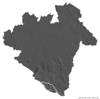 Telford ve Wrekin 'in şekli, İngiltere' nin üniter otoritesi, başkenti beyaz arka planda izole edilmiş. Çift seviyeli yükseklik haritası. 3B görüntüleme