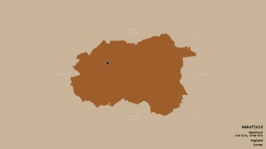 Wakefield bölgesi, İngiltere 'nin üniter otoritesi, sağlam bir arka planda izole edilmiş bir sınır kutusunda. Etiketler. Desenli dokuların bileşimi. 3B görüntüleme