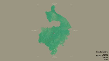Warwickshire bölgesi, İngiltere 'nin idari bölgesi, sağlam bir arka planda izole edilmiş bir sınır kutusunda. Etiketler. Topografik yardım haritası. 3B görüntüleme