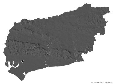 Batı Sussex 'in şekli, İngiltere idari bölgesi, başkenti beyaz arka planda izole edilmiş. Çift seviyeli yükseklik haritası. 3B görüntüleme
