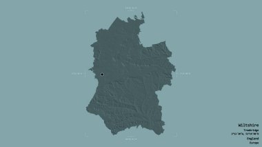 Wiltshire bölgesi, İngiltere idari bölgesi, sağlam bir arka planda izole edilmiş bir sınır kutusunda. Etiketler. Renkli yükseklik haritası. 3B görüntüleme