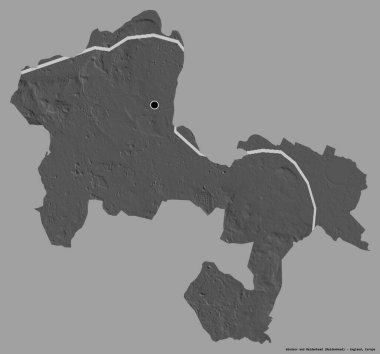 Windsor ve Maidenhead 'in şekli, İngiltere' nin metropolitan bölgesi, başkenti katı bir renk arkaplanı ile izole edilmiş. Çift seviyeli yükseklik haritası. 3B görüntüleme