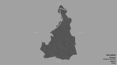 Wokingham bölgesi, İngiltere 'nin üniter otoritesi, jeoreferatlı bir sınır kutusunda sağlam bir arka planda izole edilmiş. Etiketler. Çift seviyeli yükseklik haritası. 3B görüntüleme