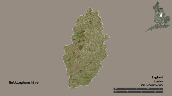 イングランドの行政郡ノッティンガムシャーの形であり その首都はしっかりとした背景に孤立している 距離スケール リージョンプレビュー およびラベル 衛星画像 3Dレンダリング — ストック写真