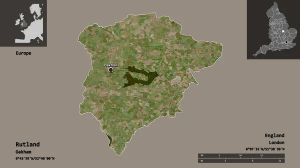 鲁特兰的形状 英格兰的单一政权 及其首都 距离刻度 预览和标签 卫星图像 3D渲染 — 图库照片