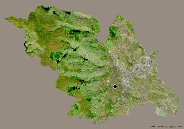 谢菲尔德的形状 英格兰的行政县 它的首都隔离在一个坚实的色彩背景 卫星图像 3D渲染 — 图库照片