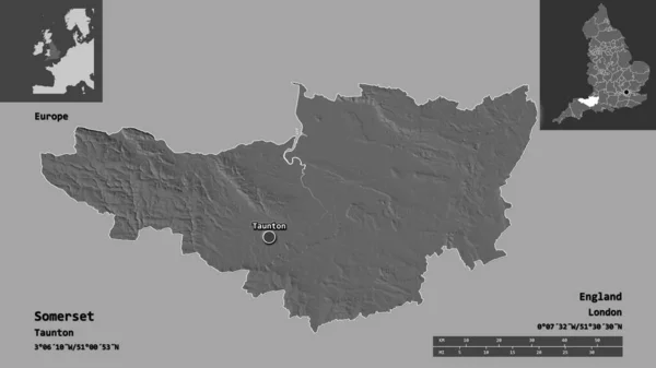 Shape of Somerset, administrative county of England, and its capital. Distance scale, previews and labels. Bilevel elevation map. 3D rendering