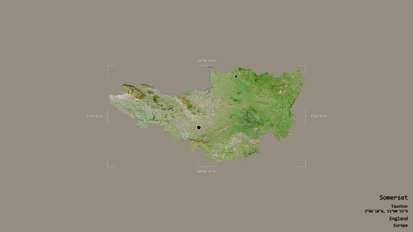 イングランドの行政郡サマセットの地域は 洗練された境界の箱の中にしっかりとした背景に孤立していた ラベル 衛星画像 3Dレンダリング — ストック写真