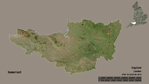 萨默塞特的形状 英格兰的行政县 它的首都孤立的坚实的背景 距离尺度 区域预览和标签 卫星图像 3D渲染 — 图库照片