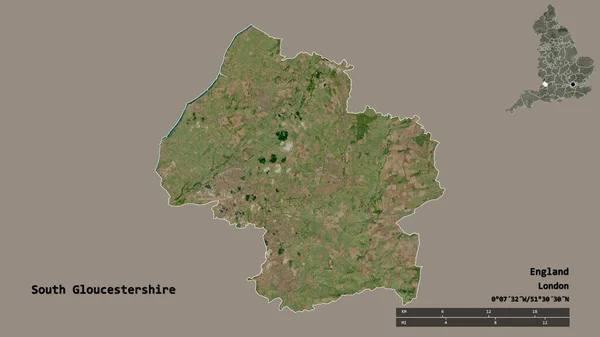 南グロスターシャーの形 イングランドのユニタリな権威 その資本はしっかりとした背景に隔離されて 距離スケール リージョンプレビュー およびラベル 衛星画像 3Dレンダリング — ストック写真