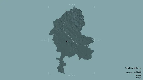 イングランドの行政郡であるスタッフォードシャーの地域は 洗練された境界線の箱の中にしっかりとした背景に孤立していた ラベル 色の標高マップ 3Dレンダリング — ストック写真
