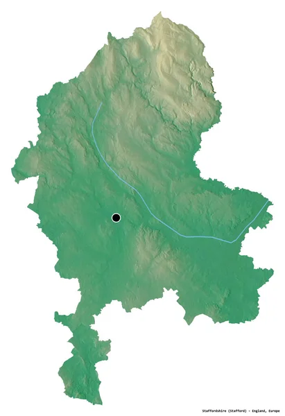 英格兰行政县斯塔福德郡的形状 其首府因白人背景而孤立 地形浮雕图 3D渲染 — 图库照片