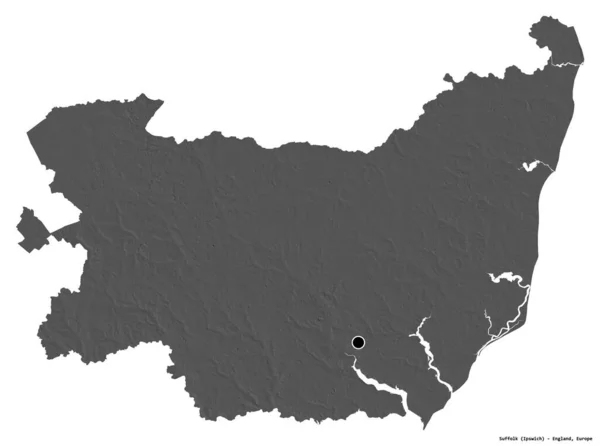 英格兰行政县萨福克的形状 其首都因白人背景而孤立 Bilevel高程图 3D渲染 — 图库照片