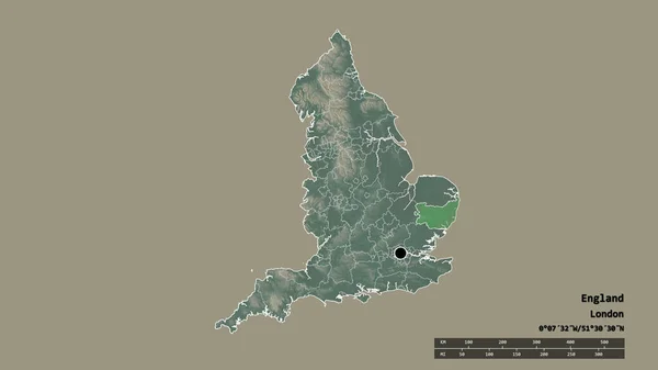 主要な地域部門と分離サフォーク地域とイングランドの荒廃した形 ラベル 地形図 3Dレンダリング — ストック写真