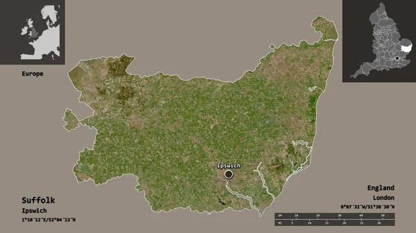萨福克的形状 英格兰的行政区划 以及它的首都 距离刻度 预览和标签 卫星图像 3D渲染 — 图库照片