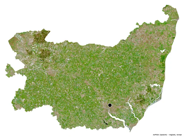 英格兰行政县萨福克的形状 其首都因白人背景而孤立 卫星图像 3D渲染 — 图库照片