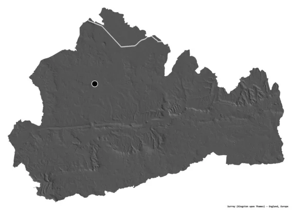 萨里郡的形状 英格兰的行政县 它的首都被白色背景隔离 Bilevel高程图 3D渲染 — 图库照片