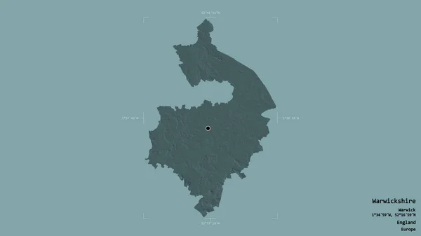 Area of Warwickshire, administrative county of England, isolated on a solid background in a georeferenced bounding box. Labels. Colored elevation map. 3D rendering