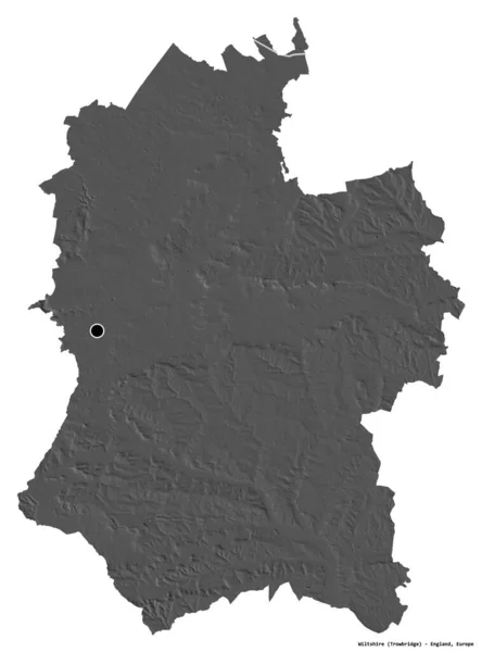 英格兰行政县威尔特郡的形状 其首府因白人背景而孤立 Bilevel高程图 3D渲染 — 图库照片