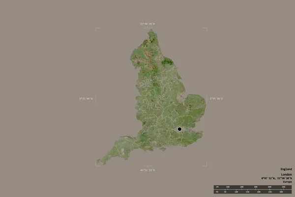 英格兰的一个区域在一个地理参考方块中被隔离在一个坚实的背景上 主要区域分部 距离标度 卫星图像 3D渲染 — 图库照片