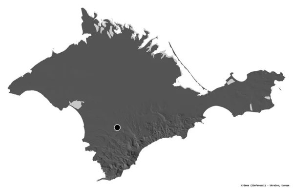 ウクライナの自治共和国 クリミアの形は その首都は白い背景に隔離されています 標高マップ 3Dレンダリング — ストック写真