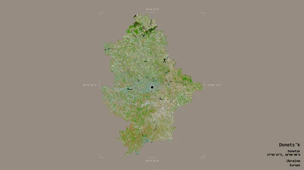 ウクライナの領域であるドネツクの地域は 優先された境界ボックス内の強固な背景に隔離されています ラベル 衛星画像 3Dレンダリング — ストック写真