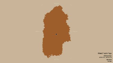 Ukrayna 'nın Ukrayna bölgesindeki Khmel' in Nnyts 'in bölgesinin katı bir arka planda izole edilmiş bir sınır kutusu var. Etiketler. Desenli dokuların bileşimi. 3B görüntüleme