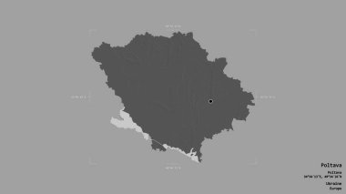 Poltava bölgesi, Ukrayna bölgesi, katı bir arka planda izole edilmiş bir sınır kutusunda. Etiketler. Çift seviyeli yükseklik haritası. 3B görüntüleme