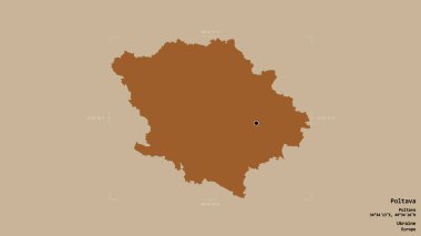 Poltava bölgesi, Ukrayna bölgesi, katı bir arka planda izole edilmiş bir sınır kutusunda. Etiketler. Desenli dokuların bileşimi. 3B görüntüleme