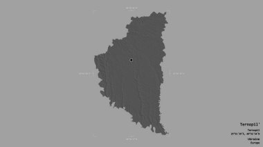 Ternopil bölgesi, Ukrayna bölgesi, katı bir arka planda izole edilmiş bir sınır kutusunda. Etiketler. Çift seviyeli yükseklik haritası. 3B görüntüleme