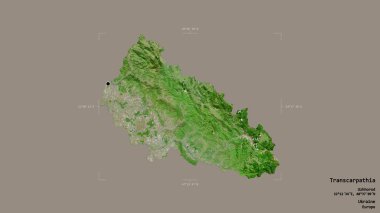 Transcarpathia bölgesi, Ukrayna bölgesi, jeoreferatlı bir sınır kutusunda katı bir arka planda izole edilmiş. Etiketler. Uydu görüntüleri. 3B görüntüleme