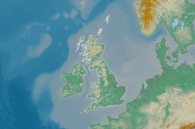 Birleşik Krallık 'ın ülke sınırları, uluslararası ve bölgesel sınırları olan geniş bir bölgesi. Topografik yardım haritası. 3B görüntüleme