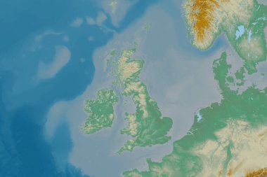 Birleşik Krallık 'ın genişletilmiş bölgesi. Topografik yardım haritası. 3B görüntüleme
