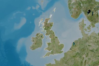 Birleşik Krallık 'ın ülke sınırları, uluslararası ve bölgesel sınırları olan geniş bir bölgesi. Uydu görüntüleri. 3B görüntüleme