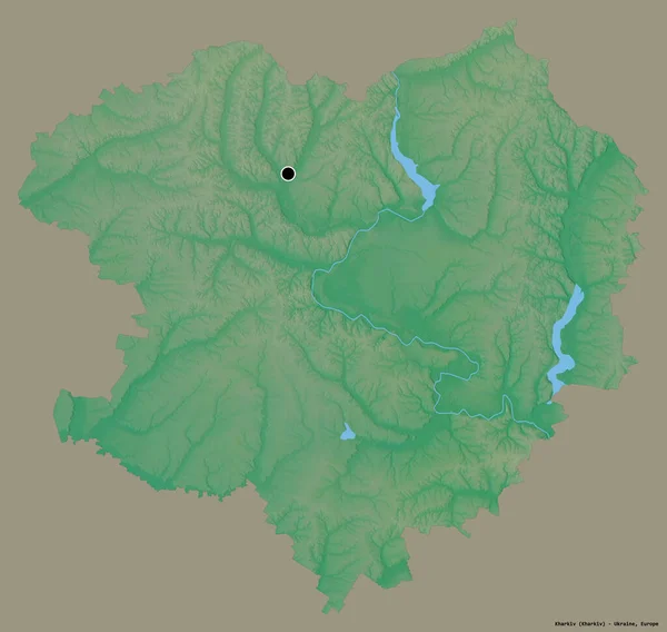 乌克兰哈尔科夫地区的形状 其首都以纯色背景隔离 地形浮雕图 3D渲染 — 图库照片