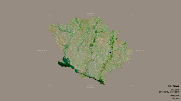 ウクライナの地域であるポルタヴァの地域は 洗練された境界の箱の中の強固な背景に隔離されています ラベル 衛星画像 3Dレンダリング — ストック写真