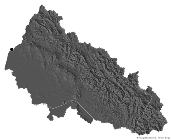乌克兰外喀尔巴阡山脉的形状 其首都被白色背景隔离 Bilevel高程图 3D渲染 — 图库照片