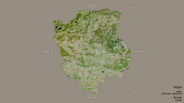 ウクライナの地域であるヴォリンの地域は 洗練された境界ボックス内の強固な背景に隔離されています ラベル 衛星画像 3Dレンダリング — ストック写真