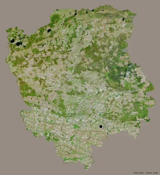 ウクライナの領域であるヴォリンの形で その首都はしっかりとした色背景に隔離されています 衛星画像 3Dレンダリング — ストック写真