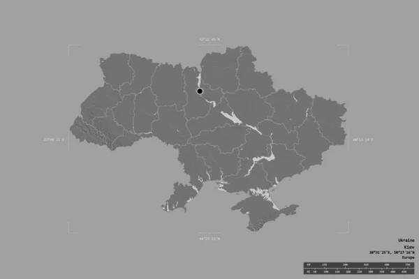 ウクライナの地域は 洗練された境界の箱の中の強固な背景に隔離されました 主な地域部門 距離スケール ラベル 標高マップ 3Dレンダリング — ストック写真