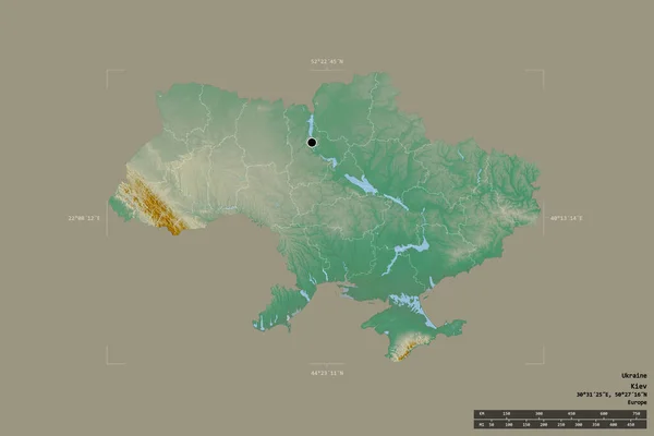 Ukrayna 'nın katı bir arka planda izole edilmiş bir bölgesi jeoreferatlı bir sınır kutusunda. Ana bölgesel bölüm, mesafe ölçeği, etiketler. Topografik yardım haritası. 3B görüntüleme