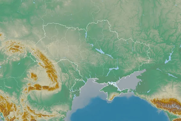 Ülke sınırları, uluslararası ve bölgesel sınırları olan Ukrayna 'nın genişletilmiş bölgesi. Topografik yardım haritası. 3B görüntüleme