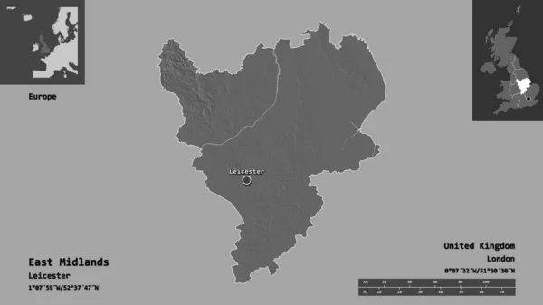 Form East Midlands Region Storbritannien Och Dess Huvudstad Avståndsskala Förhandsvisningar — Stockfoto