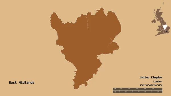Kształt East Midlands Region Zjednoczonego Królestwa Stolicą Odizolowaną Solidnym Tle — Zdjęcie stockowe