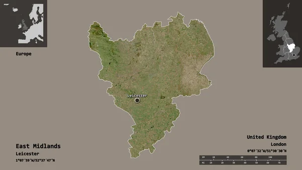 英国东米德兰的形状 以及它的首都 距离刻度 预览和标签 卫星图像 3D渲染 — 图库照片
