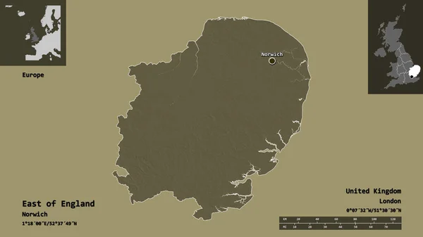 英格兰东部的形状 英国的一个地区 及其首都 距离刻度 预览和标签 彩色高程图 3D渲染 — 图库照片